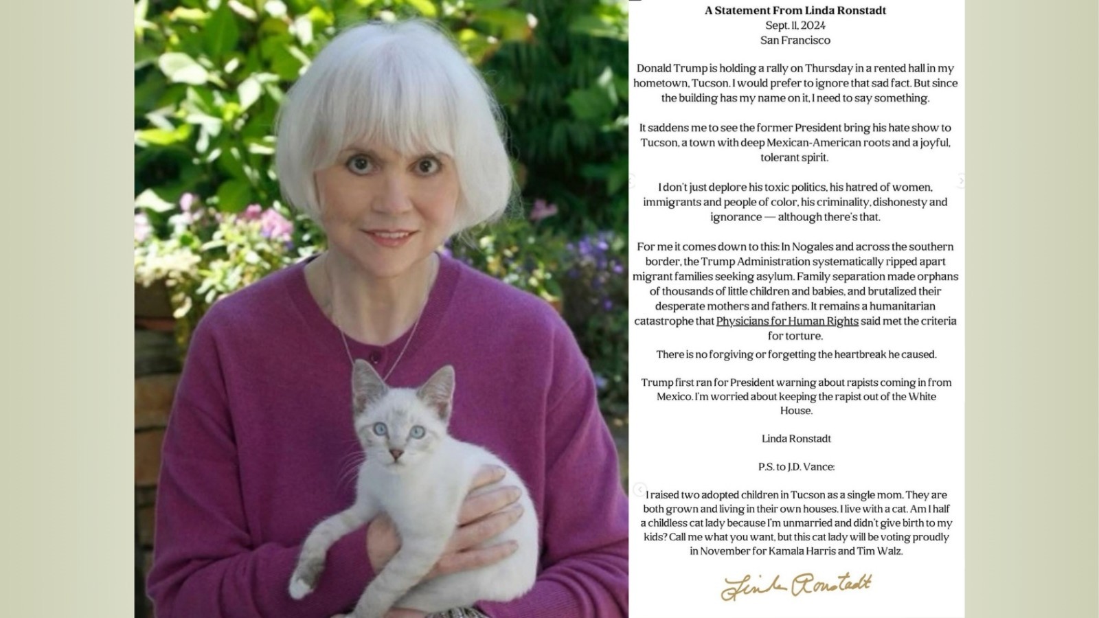 Linda Ronstadt criticizes Donald Trump for hosting rally in Tucson venue bearing her name